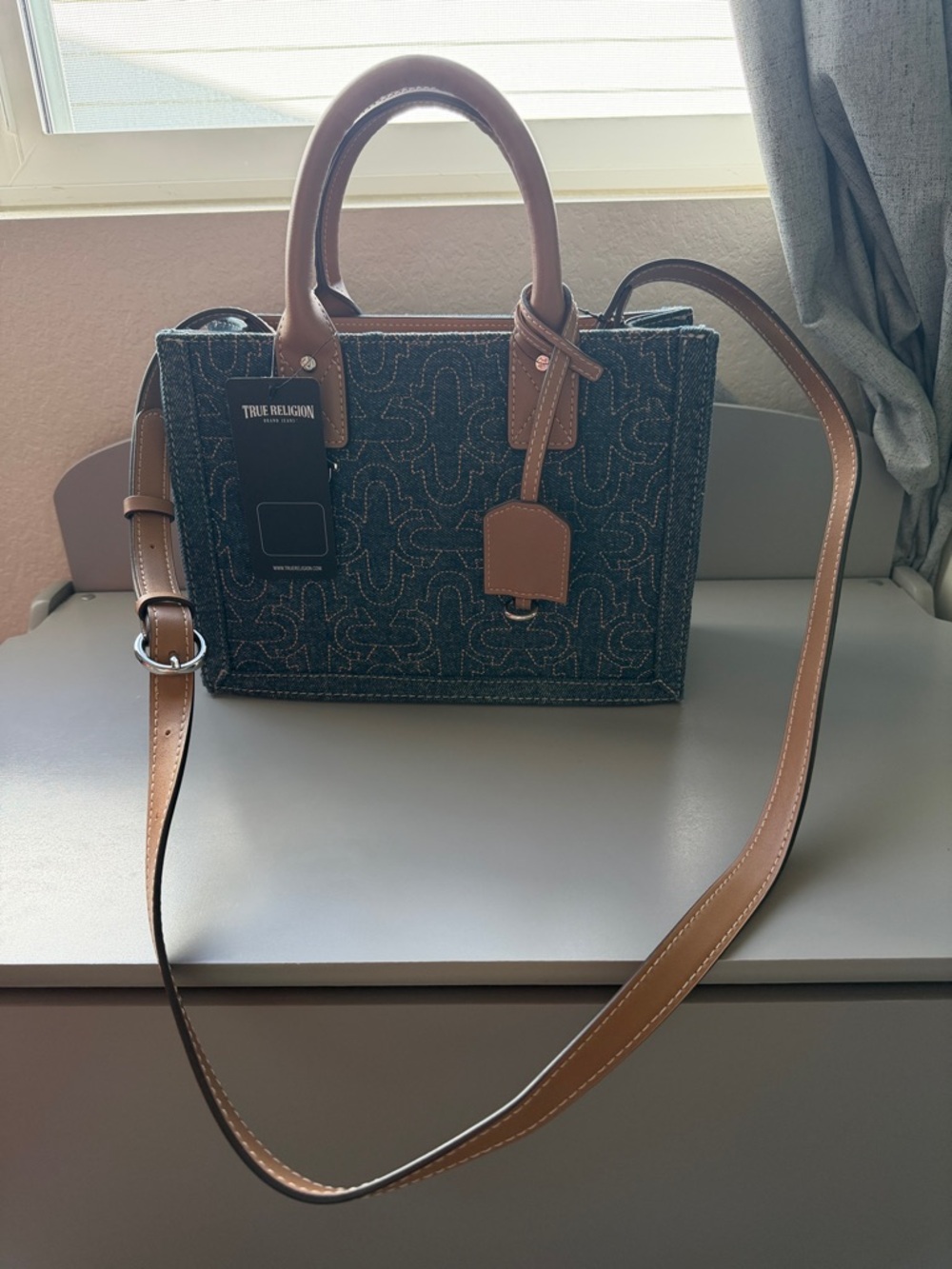 True Religion Denim Satchel with Brown Leather Accents